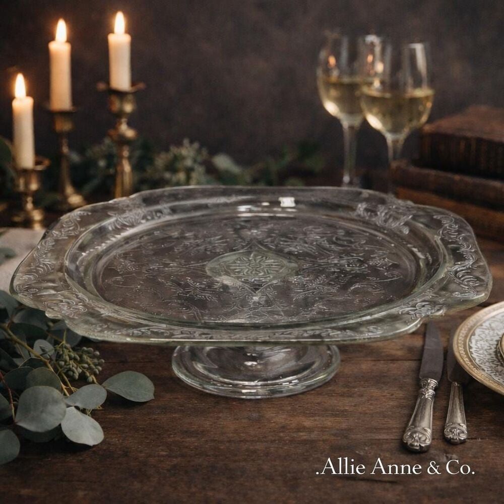 Vintage Depression Glass Cake Stand Clear Etched Square Pedestal Plate, 1930s